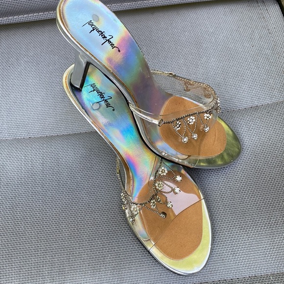 EUC Jacqueline Ferrar sz 7 clear/ silver 2.5” heels w/ rhinestone embellishment - Picture 2 of 8